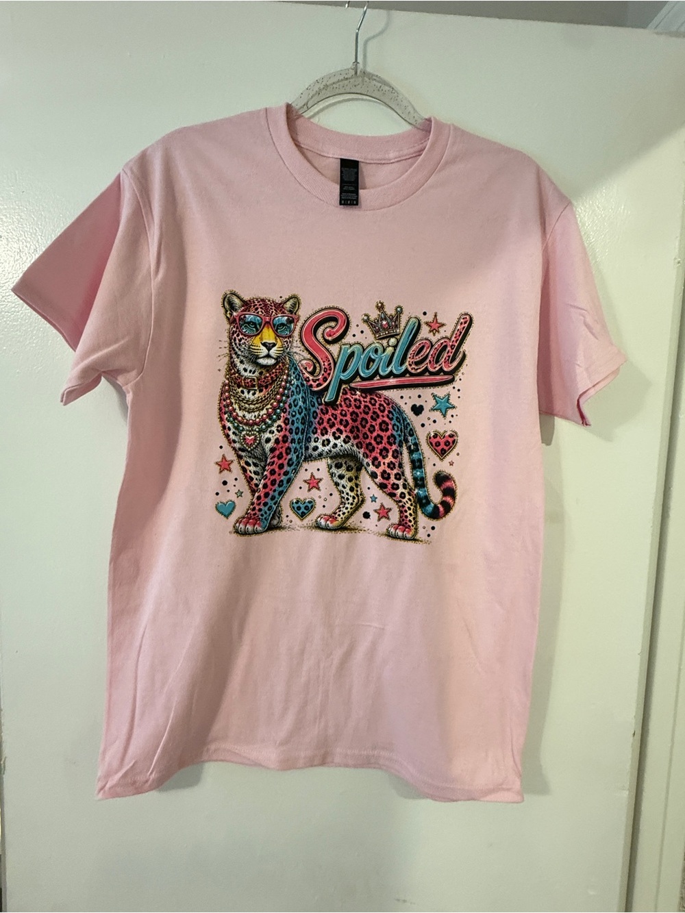 Pink 'Spoiled' Graphic Tee with Leopard Design